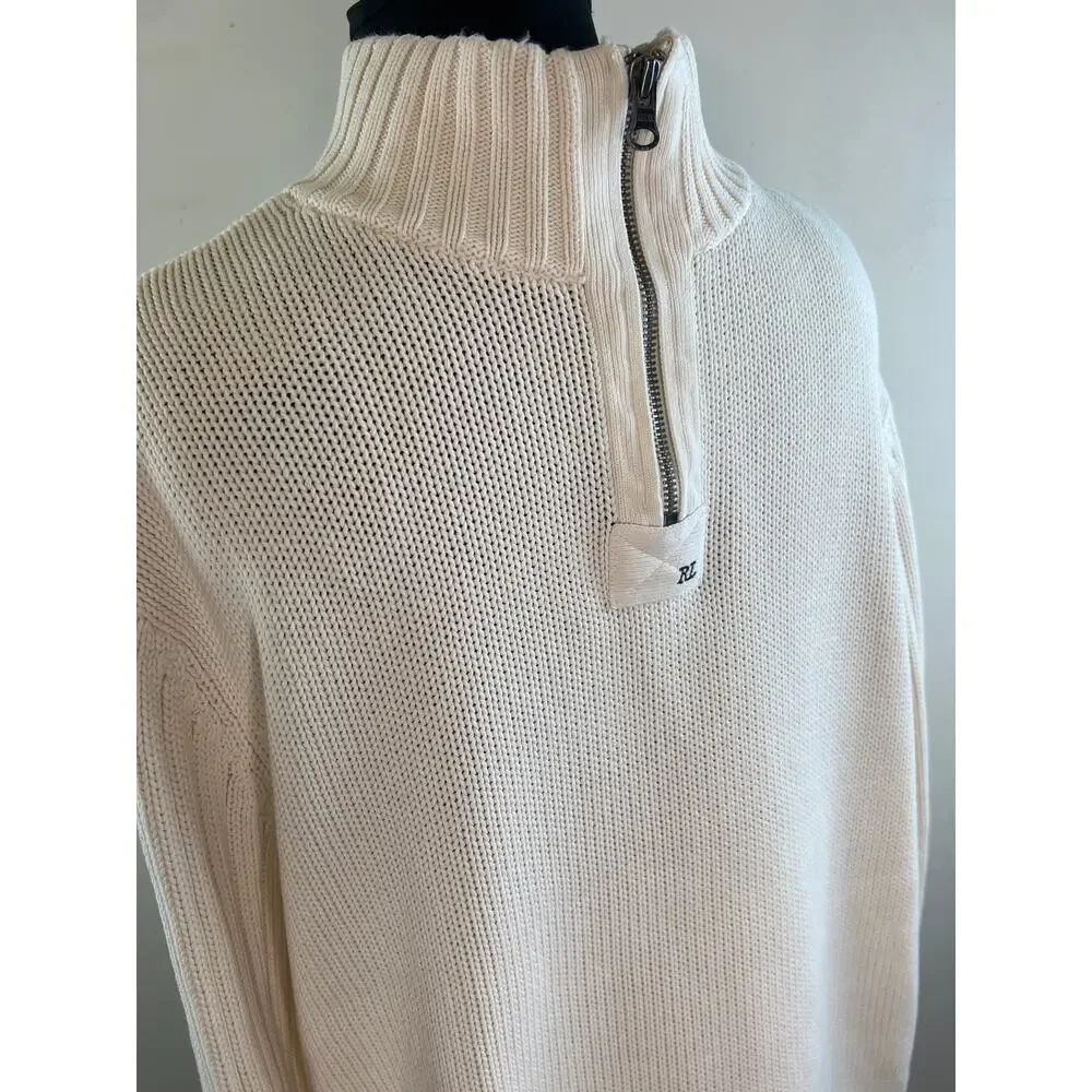 Polo Jeans Company White Long Sleeve Zip Placket Cotton Pullover Sweater Size XL